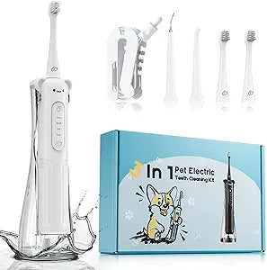 Dog Tooth Brushing Kit, 3-in-1 Dog Electric Toothbrush with Water Flosser, Dog Teeth Cleaning Tools with 3 Modes, Deep Cleaning Kit for Dogs and Cats, IPX7, 1100mAh Battery, White
