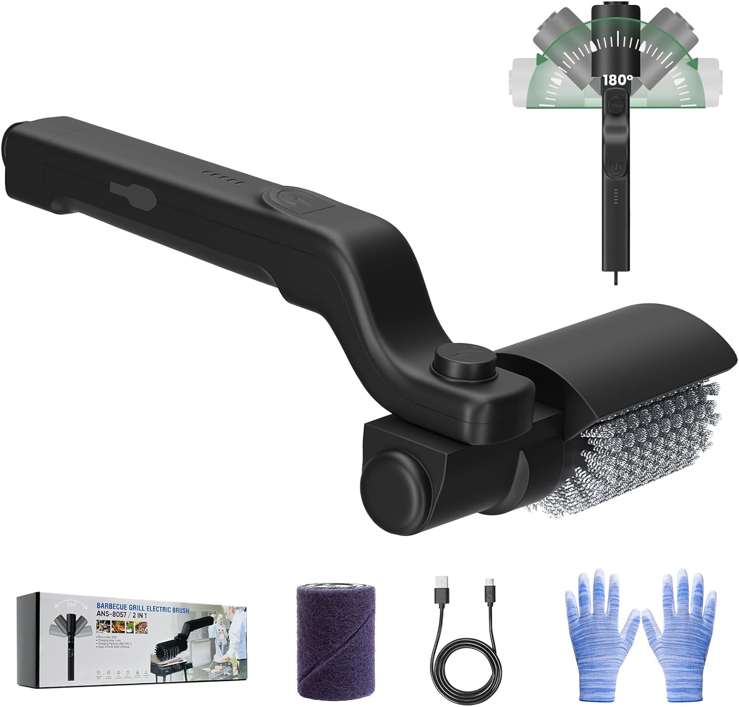 Electric Grill Brush for Outdoor Grill,Cordless Rechargeable Grill Cleaner with 180° Adjustable Angle,Stainless Steel BBQ Grill Brush No Bristle Shedding,90 Mins Runtime,Father Valentine's Day Gifts