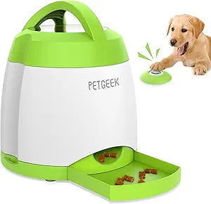 PETGEEK Automatic Dog Treat Dispenser with Button - Puzzle Memory Training Feeder, Pet Geek Button Treat Food Dispensing Toys Interactive, Iq Training Dog Feeder (Green)