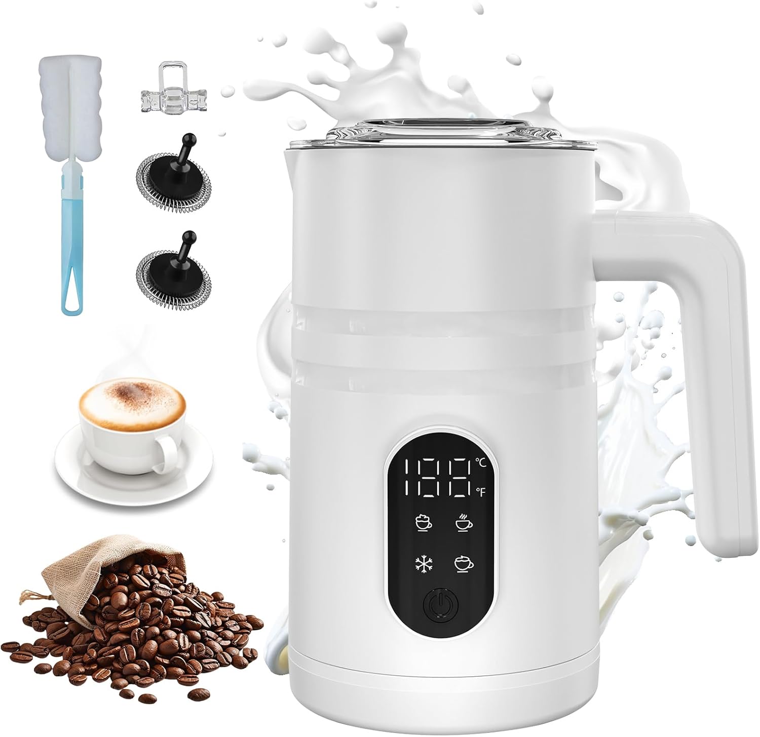 4 in 1 Electric Milk Frother Automatic Hot & Cold Foam Maker Auto Shut-Off Durable Stainless Steel Milk Frother Silent Working Easy to Clean for Hot Chocolate (White-With Digital Display)