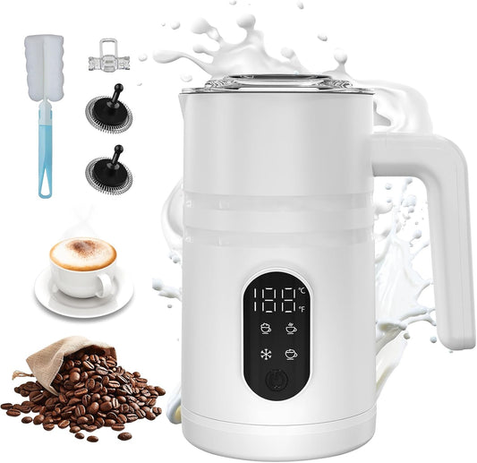 4 in 1 Electric Milk Frother Automatic Hot & Cold Foam Maker Auto Shut-Off Durable Stainless Steel Milk Frother Silent Working Easy to Clean for Hot Chocolate (White-With Digital Display)