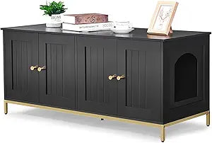 Homhedy Cat Litter Box Enclosure for 2 Cats, Cat Washroom Furniture with Double Room, Pet House with Metal Frame, 47.2â€L x 17.7â€W x 21.7â€H, Black and Gold