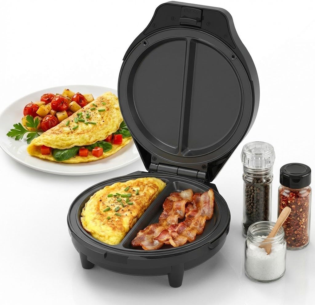 Dual-Zone Electric Omelette Maker,Omelette Maker Electric,1000w Rapid Double-Sided Egg Cooker With Non-Stick Plates，Anti-Silp Base Anti-Scald Handle Cool-Touch Handle for Home,Dorm&Travel