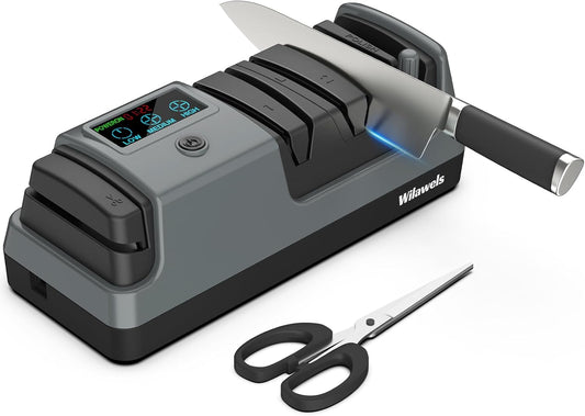 WILAWELS Electric Knife Sharpener, 5-in-1, 3 Rotational Speed Adjustable Electric Knife Sharpener for Straight\/Serrated\/Ceramic Knives, Scissors, Chef Knives, Axes, Grey H01KS06