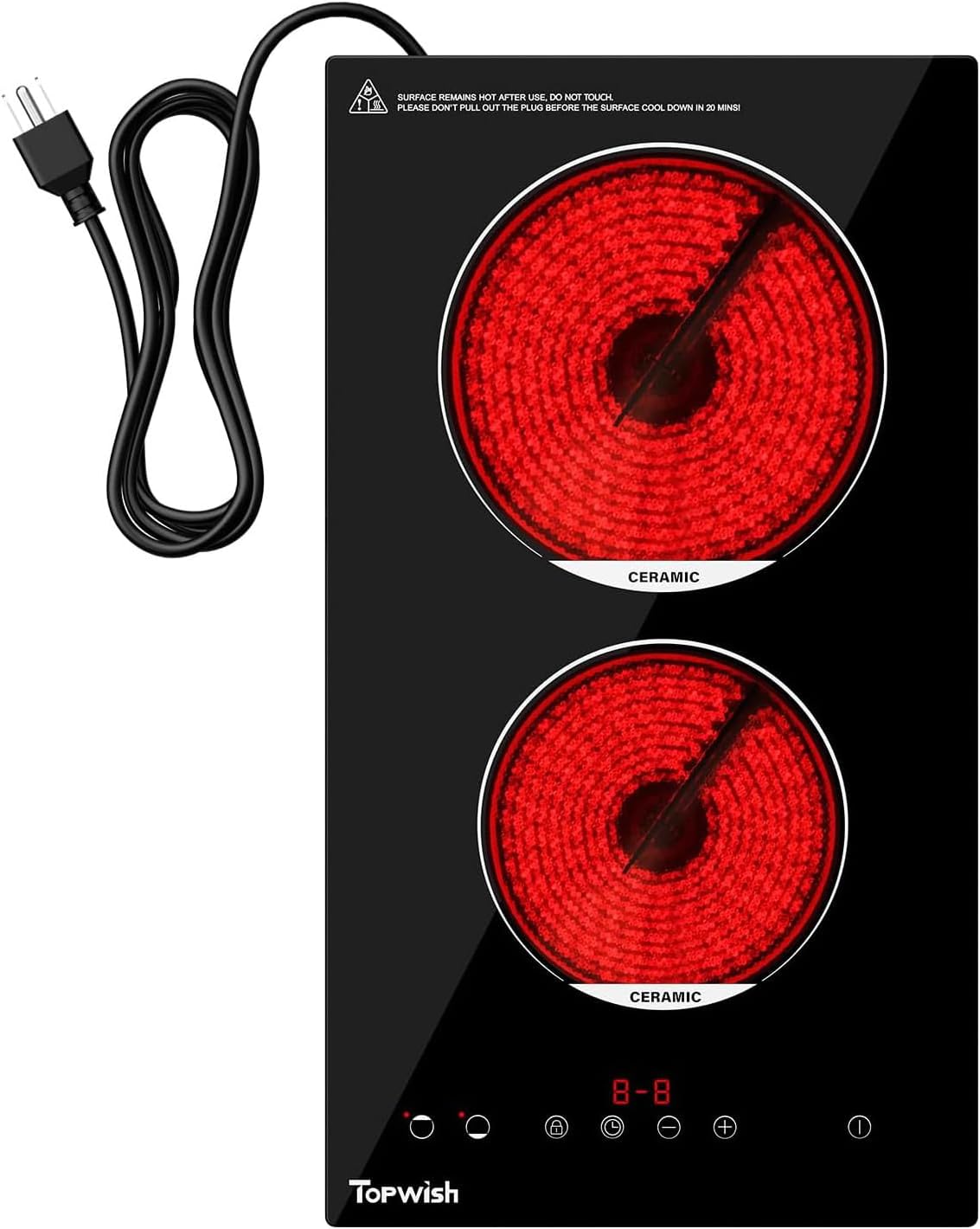 2 Burner Electric Cooktop, 12 Inch Built-in Ceramic Cooktop, 120v Plug in Electric Stove Top Burner with Child Lock, Timer, Sensor Touch Control, Over-Temperature Protection