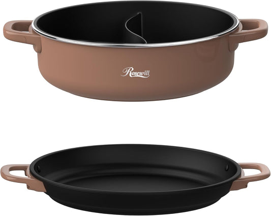 Rosewill 12.7 QT Electric Hot Pot Accessory Kit 2 pcs, Includes Dual-Sided Hot Pot and Shallow Fry Pan, with easy-to-carry Handle and Non-stick Coating - Mocha