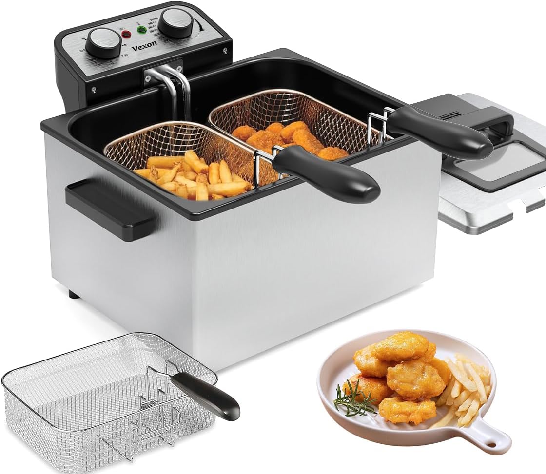 Vexon1800W 5 Liters/21 Cups Large Electric Deep Fryer with 3 Frying Baskets for Home Use, Adjustable Temperature,View Window Lid,Countertop Stainless Steel Body Deep Fryer Pot,Perfect for Kitchen