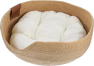 Woven Cat Bed with Cushioned Mat Breathable Summer Pet Nest for Indoor Cats and Small Dogs Soft Sleeping House 13.36X13.36X5 Inches