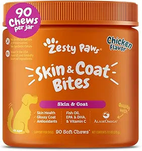 Zesty Paws Omega 3 Alaskan Fish Oil Chew Treats for Dogs - with AlaskOmega for EPA & DHA Fatty Acids - Hip & Joint Support + Skin & Coat Chicken Flavor (90 Soft Chews)