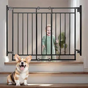 COMOMY 27.5-43" Baby Gate No Bottom Bar for Stairs and Doorways, 2-in-1 Auto Close Dog Gate Indoor for the House, Hardware Mounted Pet Gate with Large Walk Thru Door, Child Safety Gate for Dogs, Black