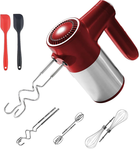 7-Speed Cordless Hand Mixer for Baking - Electric Handheld Mixer with 6 Stainless Steel Attachments, Turbo Boost, Digital Display, Lightweight Cake Mixer for Eggs, Cream, Cookie Dough (Red)