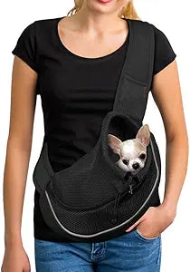 YUDODO Pet Sling Carrier for 10-15 lbs Small Dogs & Cats â€“ Hands-Free Puppy Carrier with Safety Hook, Large Zipper Pocket, Soft Breathable Mesh, Adjustable Strap & Reflective Strip (L, Black 2.0)
