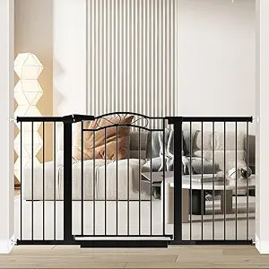 Fairy Baby 57.1"-59.8" Extra Wide Baby Gates with Door, 58 59 Inches Child Gate for Todder Kids, Metal Pressure Mounted Pet Dog Gate, Walk Thru Safety Gate for Doorway Stairs, Black