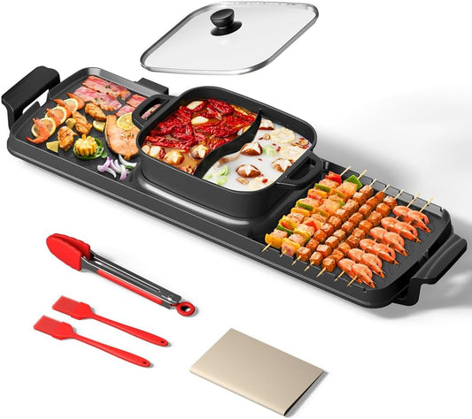 AORAN Smokeless Electric Hot Pot & Grill Combo, Large 9.5"x29" Non-Stick Design, 3 Adjustable Heat Levels, Easy to Clean，Includes Brushes, Tongs & Paper