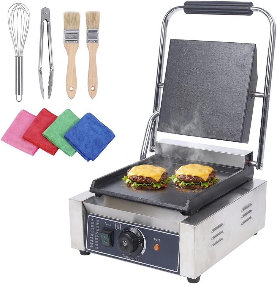 Commercial Panini Press Grill, 1800W Electric Stainless Steel Sandwich Maker, Portable Toaster with Handle Temp Control, Smooth Flat Surface Electric Griddle for Hamburger Steak Bacon