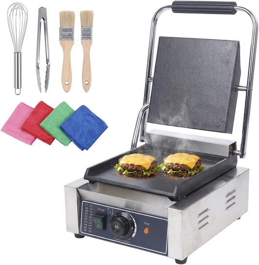 Commercial Panini Press Grill, 1800W Electric Stainless Steel Sandwich Maker, Portable Toaster with Handle Temp Control, Smooth Flat Surface Electric Griddle for Hamburger Steak Bacon