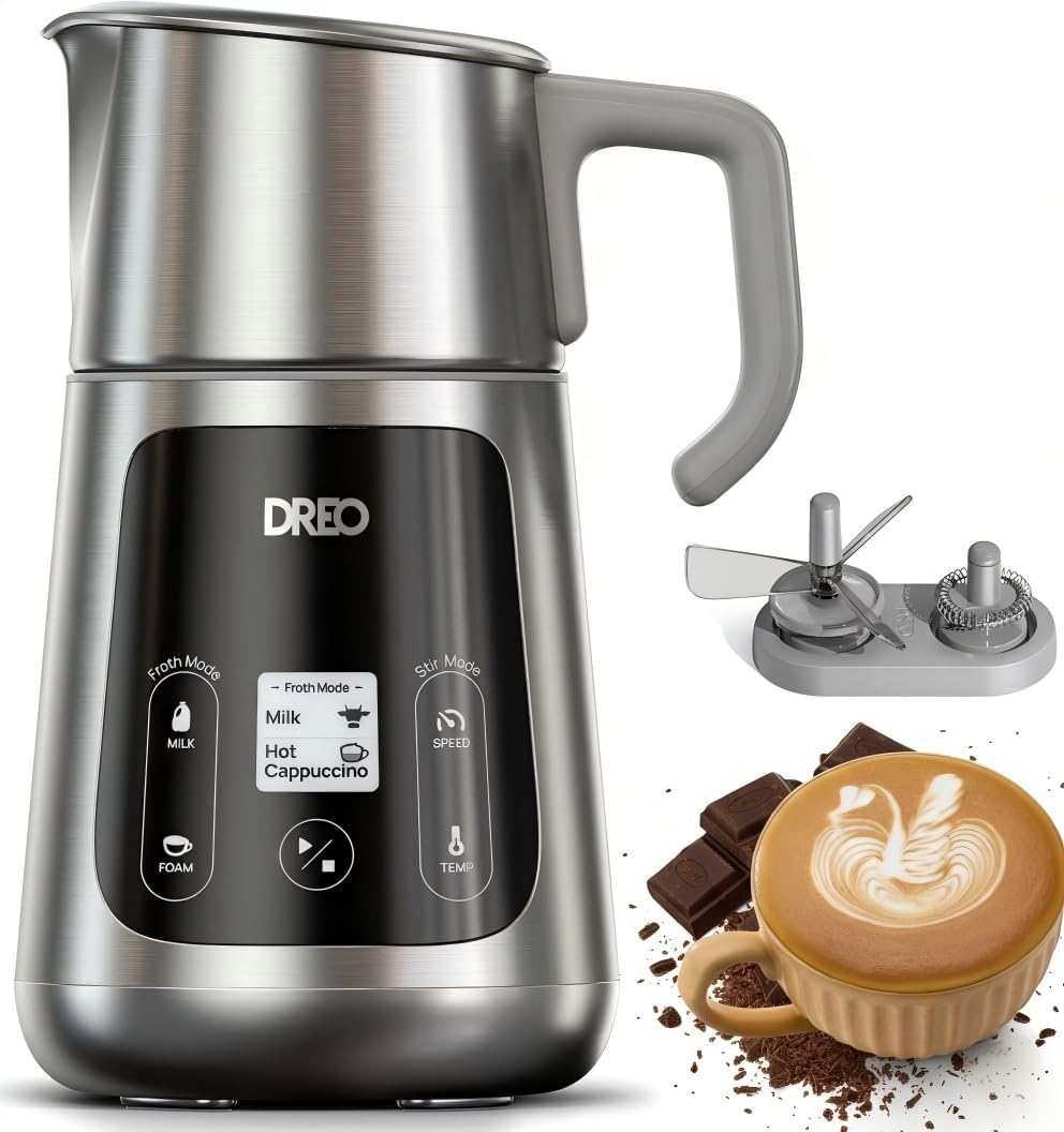DREO All-in-1 Milk Frother, Electric Foam Frother for Latte Art Microfoam and Coffee, 15oz\/450ml Automatic Milk Warmer with 30 Drinks, Dishwasher Safe, Dairy\/Plant-Based Milk
