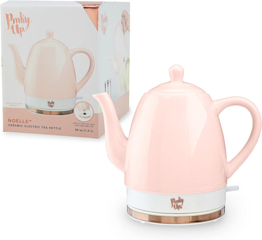 Pinky Up Noelle 1.5 L Pink Electric Ceramic Kettle with Gooseneck, Cute Water Boiler for Hot Teas and Pour Over Coffee, Blush with Rose Gold