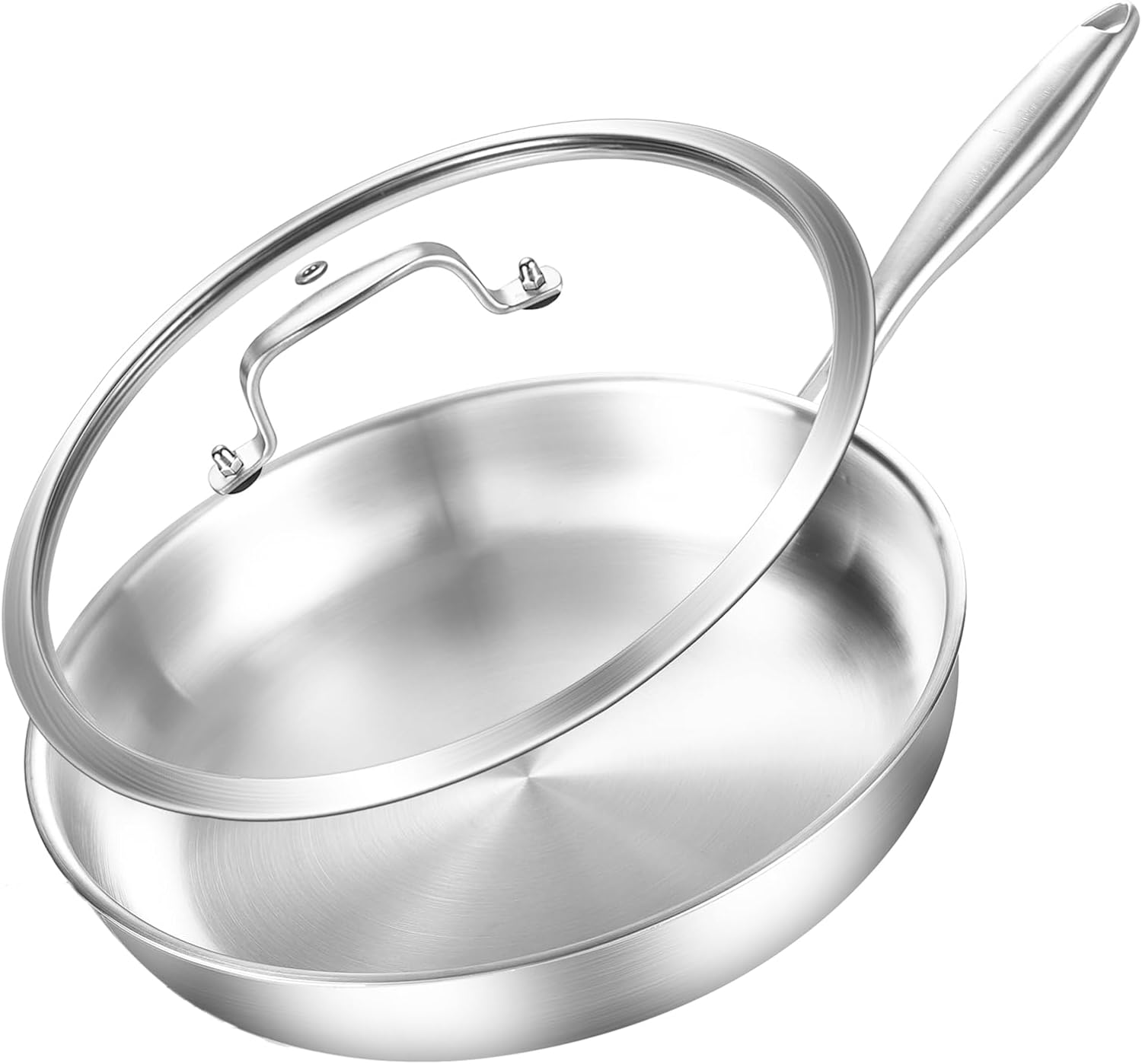 DELARLO Stainless Steel Pan 10.3Inch, Triply Stainless Steel Frying Pan with Lid, Heavy Duty, Compatible with Induction, Gas and Electric up to 650℉, Fast & Even Heating, Dishwasher, Oven Safe Skillet