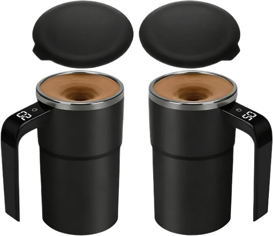 ANPET Electric Coffee Mug with a Built-in Lcd Thermometer, 12oz Mixing Cups for Protein Shakes, Rechargeable Magnetic Self Stirring Cup, Automatic Mugs for Brewing Coffe, Milk, Cocoa, Etc(Black-2pcs)