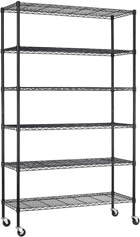 FDW 48"L×18"W×82"H Wire Shelving Unit Storage Cart Metal Shelf Rolling Utility Cart 2100Lbs Capacity with 6 Tier Casters Adjustable Layer Rack Strong Steel for Restaurant Garage Pantry Kitchen,Black