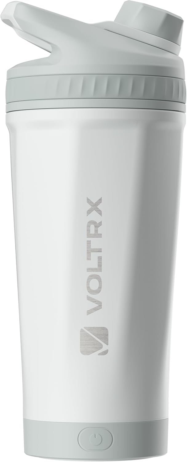 VOLTRX ChillMix Shaker Bottle Insulated Stainless Steel - USB C Rechargeable Electric Protein Shake Mixer, Shaker Cups for Protein Shakes and Meal Replacement, Ice White, 16 oz