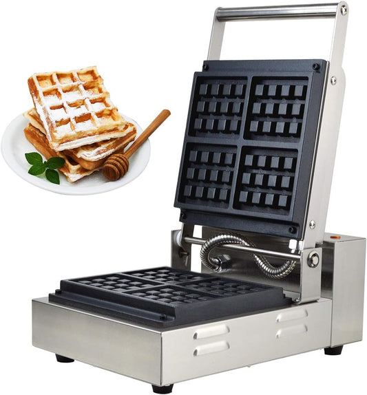 Waffle Maker Machine Rectangle Commercial New Electric Nonstick Deep Waffle 4 Pcs Iron with Temperature and Time Control and Stainless Steel 110V for Home Kitchen Parties Use