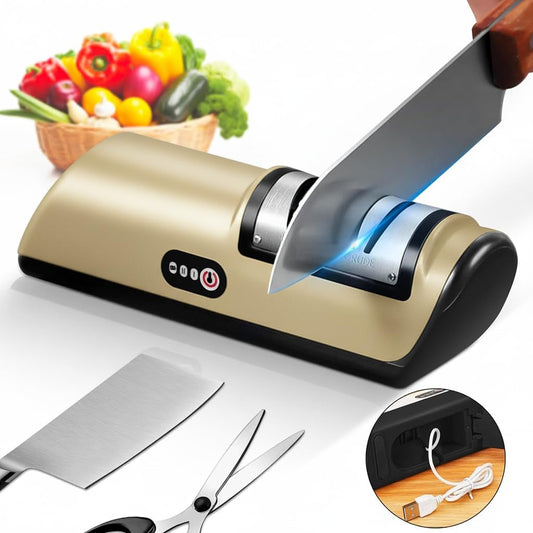 Rechargeable Electric Knife Sharpener, Compact Cordless Knife Sharpener with Diamonds for Steel Knives and Fruit Knife, 2 Stage Automatic Knife Sharpening Helps Restore & Polish Blades Quickly
