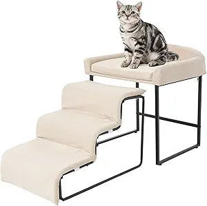 Dog Window Perch with Stairs - Pet Stairs with Seat Bedside Lounge Elevated Pet Bed Non-Slip Dog Window Seat with Sturdy Metal Frame Multi-Level Platform with Foam Upholstery