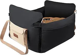 Dog Car Seats for Small Dogs, 2-in-1 Waterproof Pet Booster Seat for Car with Side Handles and a Storage Pocket, Clip-On Safety Leash and PP Cotton Filling, Vehicle Bed for Puppy up to 25 lbs (Black)