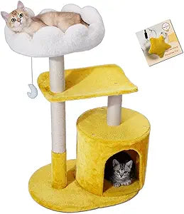 Happi N Pets Cat Tree, 33" Multi-Level Cloud Cat Tree Tower with Cozy Padded Bed & Large Condo for All Sized Cats, Featuring Scratching Posts, Viewing Perch & Toys, Stable Small Cat Tower