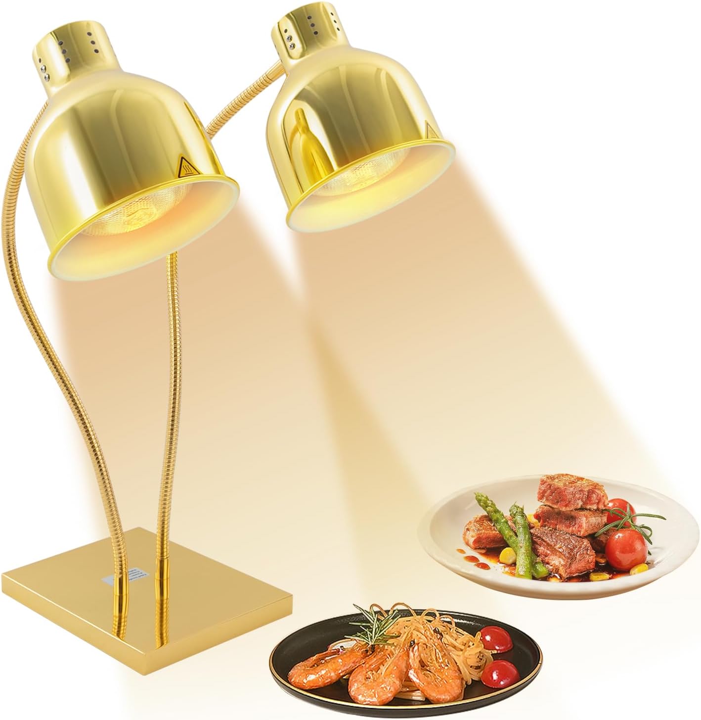 Food Heat Lamp Adjustable 2-Head, 500W Commercial Food Warmer w\/ 360° Rotatable Arm, Stainless Steel Food Warming Light, Portable Electric Heat Light for Restaurant Buffet Catering Kitchen (Gold)
