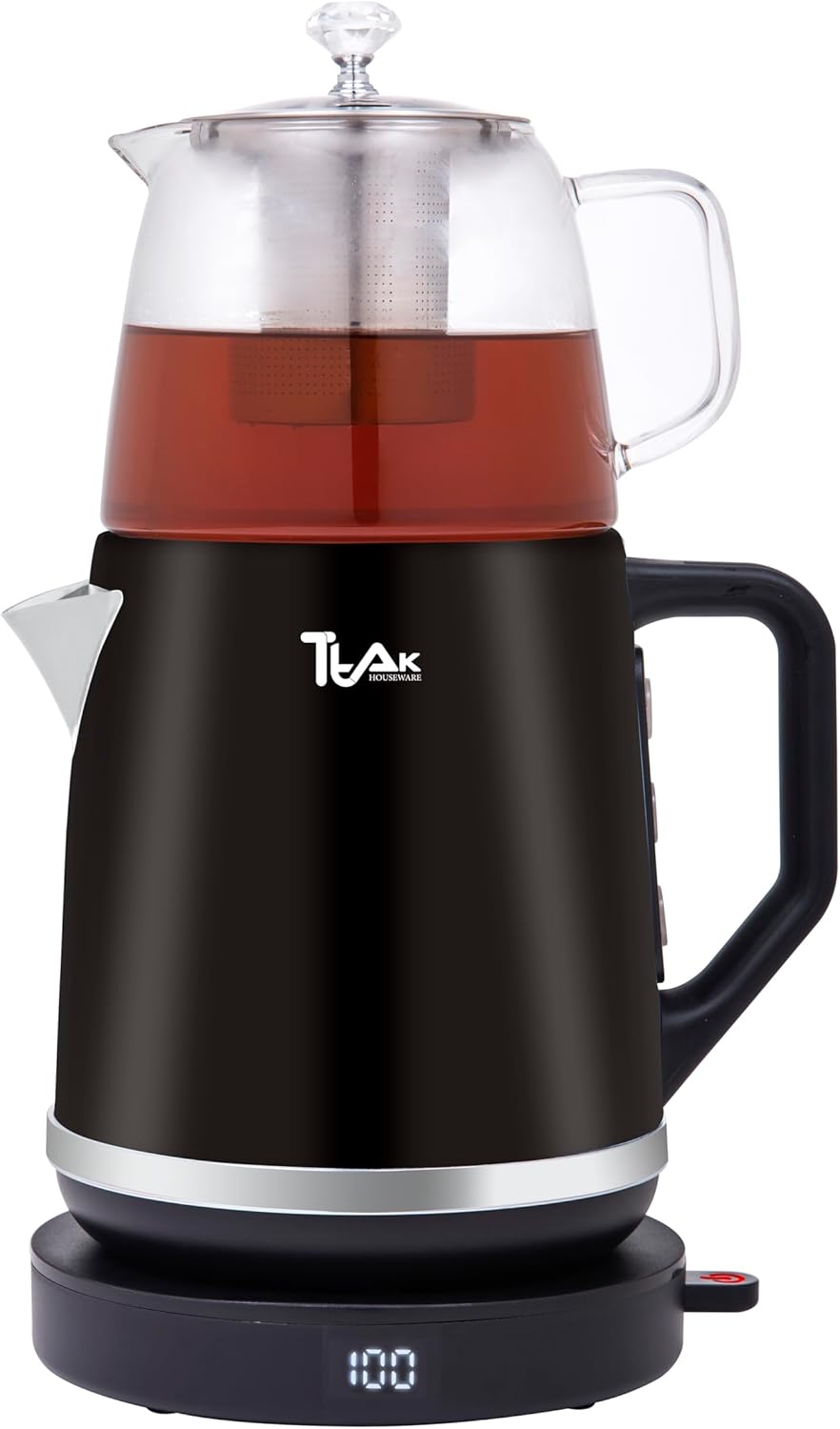Electric Tea Maker with Glass Teapot, 1.8L Stainless Steel Kettle, Digital Temperature Display, Keep Warm Function – Persian Turkish Samovar Style Hot Water Boiler – Black
