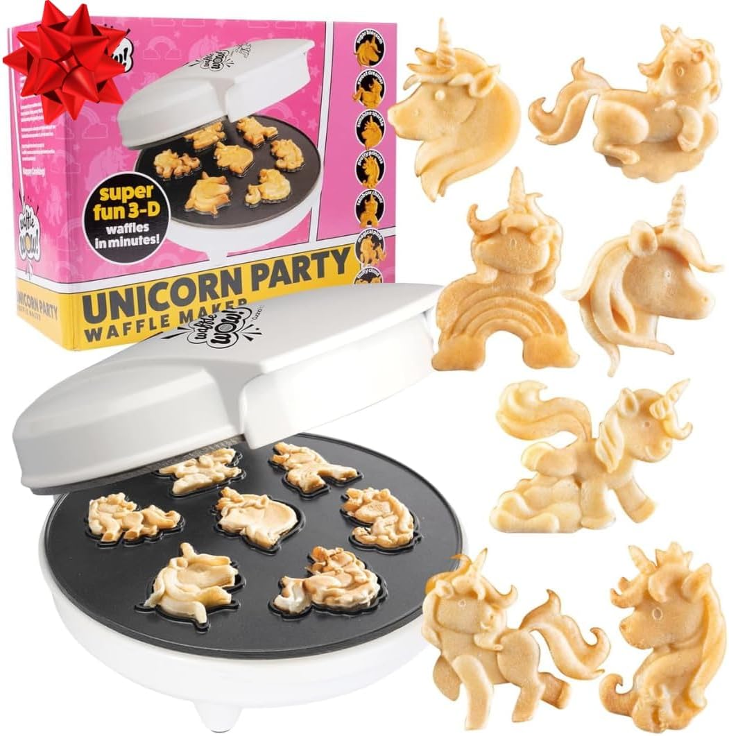 Unicorn Mini Waffle Maker- Creates 7 Different 3D Animal Shaped Waffles in Minutes- A Fun Cool Magical Breakfast for Kids, Girls & Adults- Electric Non-Stick Waffler Iron, Pancake Baker w Recipe Guide