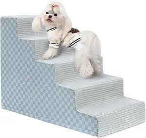 Vfrog Dog Stairs for Small Dogs,22" H,5-Step Dog Steps Ramp for Bed and Couch with High Density Foam,Non-Slip Pet Steps for Dogs and Cats,Pet Stairs with a Washable Cover,Grey