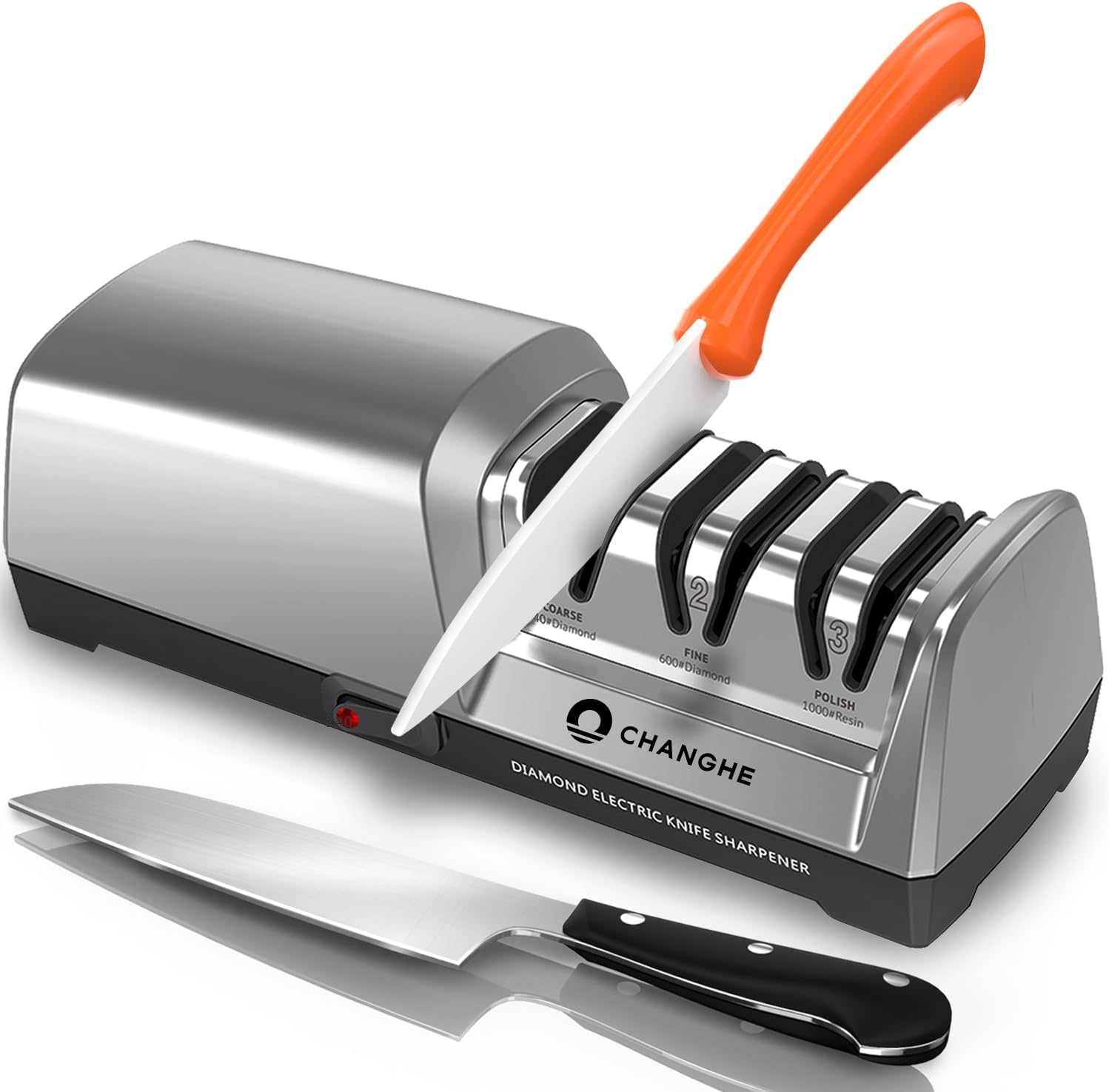 Electric Knife Sharpener 3 Stage - 100% Diamond Abrasives with 15°Precision Angle Guide, for Sharpening and Polishing Steel Kitchen Knives and Ceramic Knives,240 Grit and 600 Grit and 1000 Grit