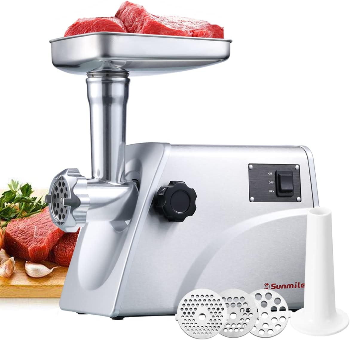 Sunmile SM-G33 Electric Meat Grinder - 1HP 800W Max Power - ETL Stainless Steel Meat Grinder Mincer Sausage Stuffer, Stainless Steel Blade and Plates and 1 Sausage Maker