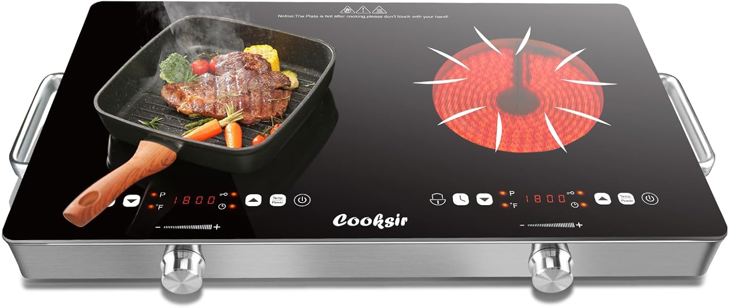 Cooksir 2 Burner Electric Cooktop - 24 Inch(22.2"x 13.1") Portable Electric Stove Top 110V, 2000W Countertop Two Burner Stove, Child Lock, Timer, Touch and Knob Control, 110V Plug in