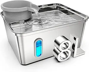 Dog Water Fountain, 8L/2.1Gallon/270oz Dog Fountain Water Bowl - Stainless Steel Ultra-Quiet Pet Water Dispenser with Water Level Window & Large Drinking Area