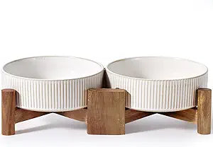 Getstar Elevated Ceramic Dog Cat Bowl Set - 1.8-Cup Raised Feeding Bowls with Non-Slip Wood Stand - Small Pet Dishes for Food and Water - Ideal for Cats and Puppies