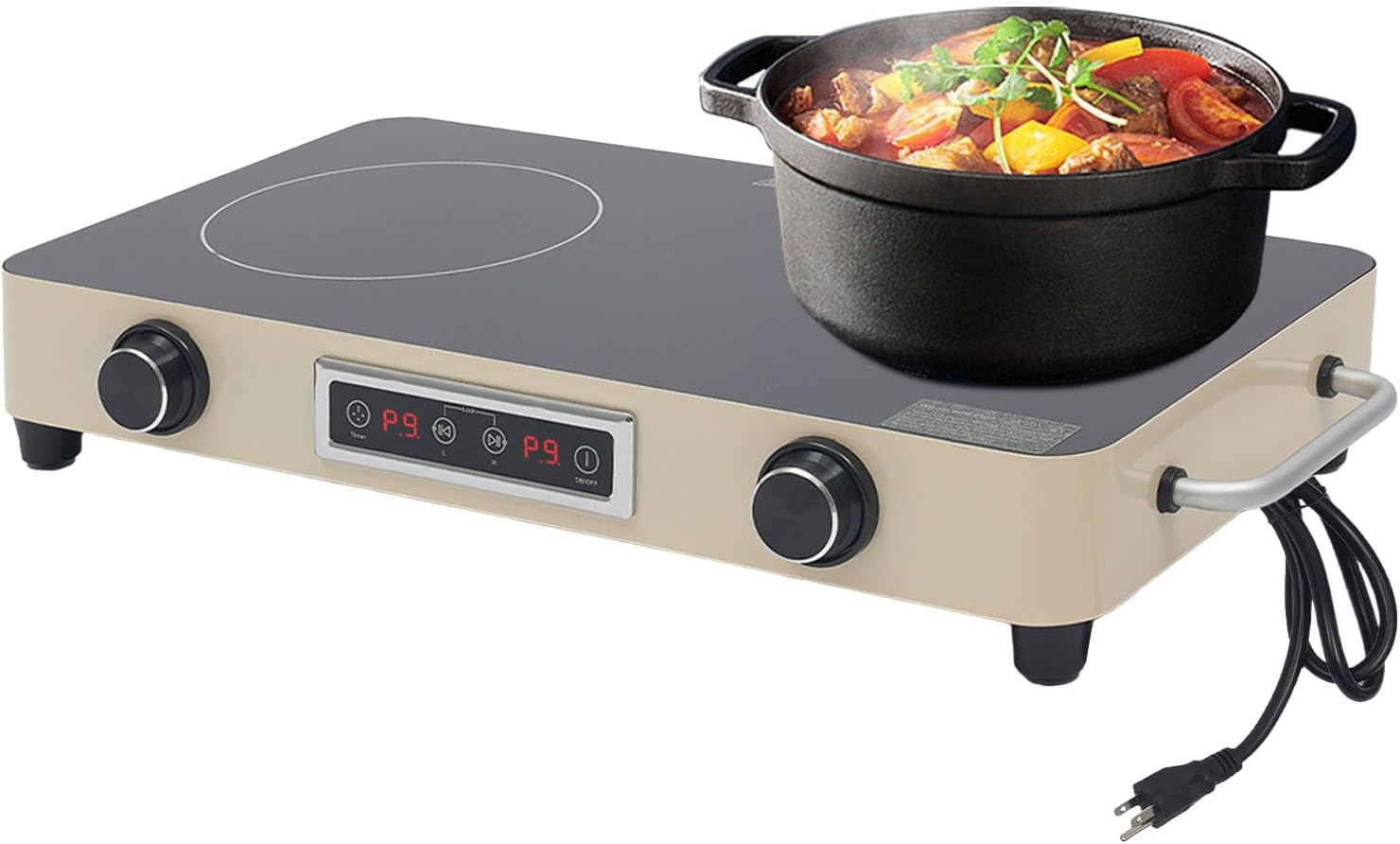 JAYGOVAN 2 Burner Electric Cooktop 110V Plug in Portable Cook Top Stove Burners 2200W Electric Cook Top with Knob Control & Safety Lock, 19 Inch Countertop & Built-in Ceramic Cooktop (Cream Yellow)