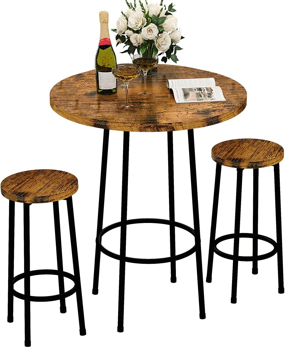 Recaceik 3 Piece Pub Dining Set, Modern Round bar Table and Stools for 2 Kitchen Counter Height Wood Top Bistro Easy Assemble for Breakfast Nook Living Room Small Space Restaurant, Rustic Brown 23