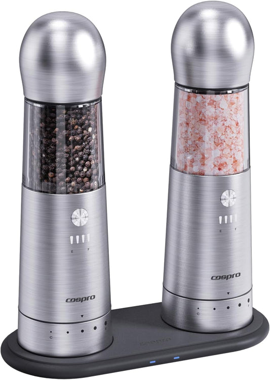 COSPRO Electric Salt and Pepper Grinder Set of 2 \u2013 Rechargeable Stainless Steel Mills with Qi-Wireless Charging Base | One-Hand Operation | Adjustable Coarseness | Easy Clean | Automatic Spice Grinder