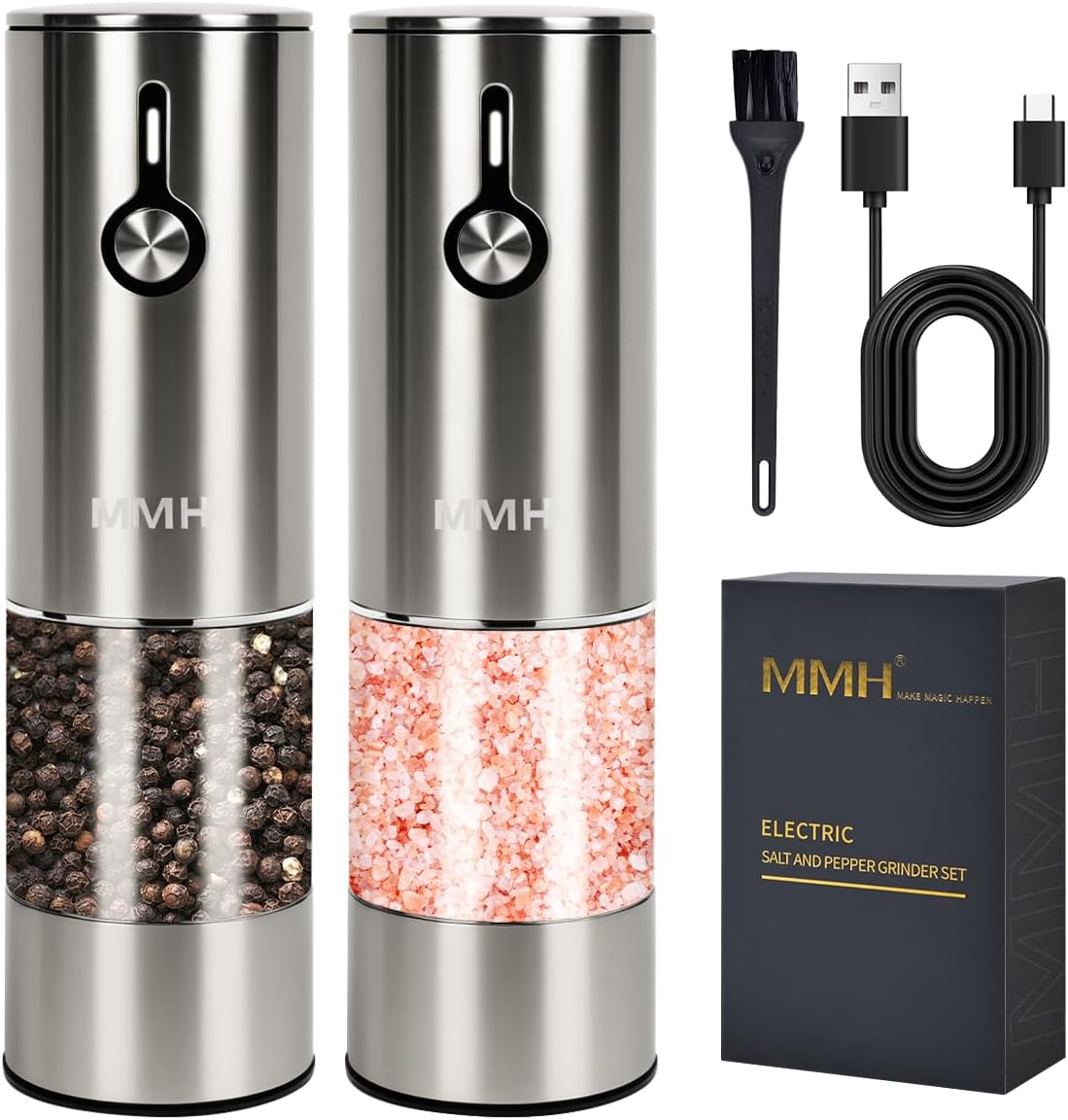 [Upgraded 66g Large Capacity] Electric Salt and Pepper Grinder Set of 2, Rechargeable with 6 Level Adjustable Coarseness, Stainless Steel Automatic Salt and Pepper Shakers Refillable with LED light