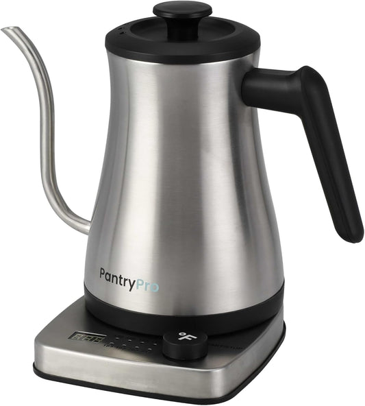 PantryPro Gooseneck Electric Kettle with Temperature Control, 34oz\/1.0L Rapid Boil, Stainless Steel Interior, Auto Shut-Off, 1500W, Boil-Dry Protection, LED Indicator - Steel