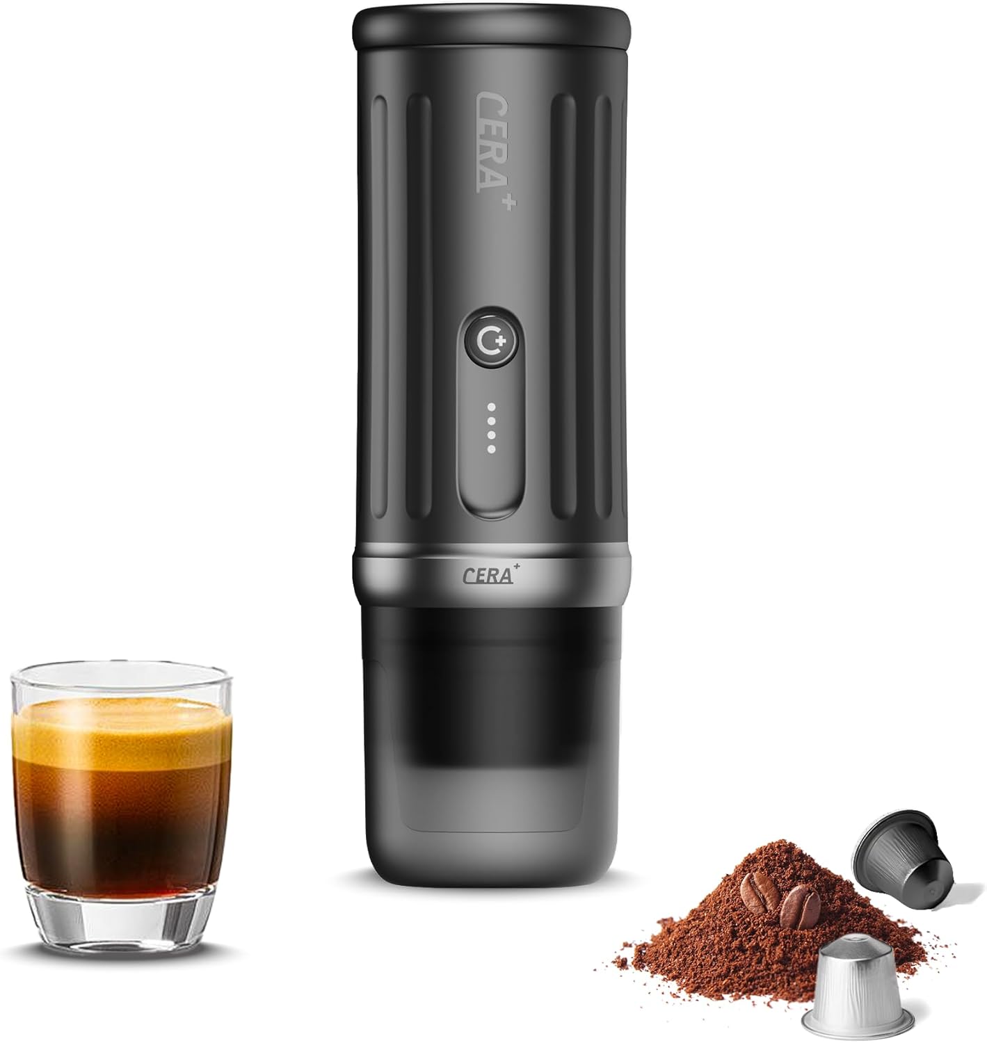 CERA+ Self-Heating Portable Espresso Machine,Up to 8 Cups per Charge & 20 Bar, 3 * 4500mAh, CERApresso Works with NS Capsules & Grounds, Electric Coffee Maker for Camping,Hiking,Office,Car,Travel