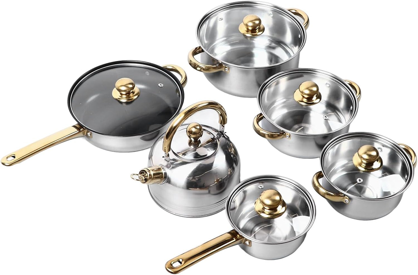 Stainless Steel Cookware Sets, 12Pcs Pots and Pans Kitchen Cooking Set with Golden Handle, Easy to Clean, Kitchen Cookware Set for Induction Electric and Gas Cooktops