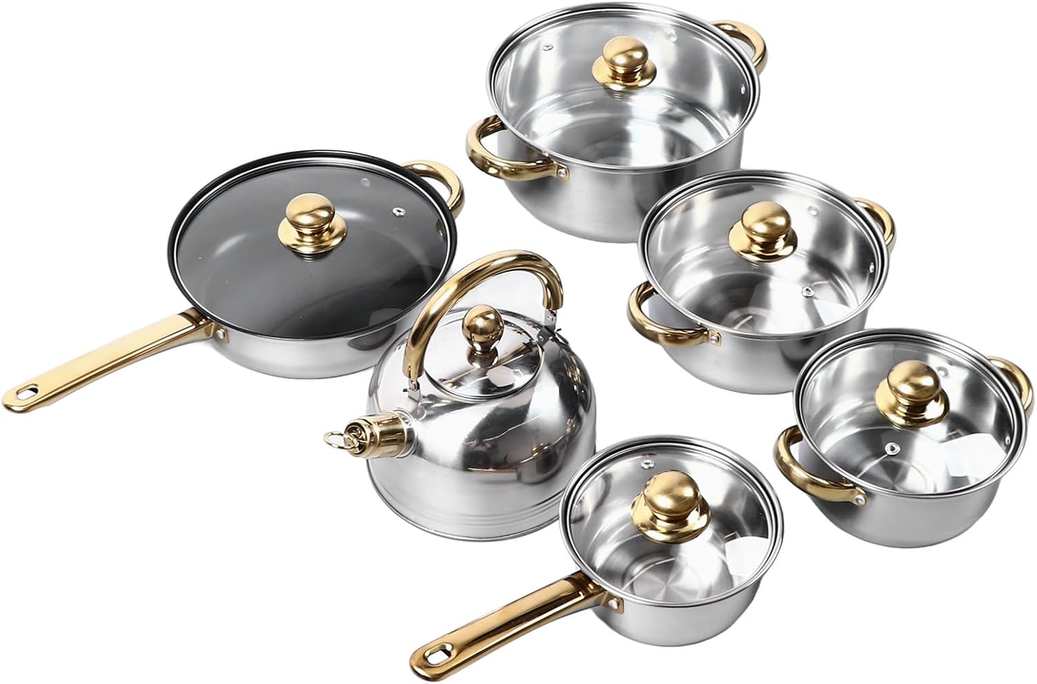 Stainless Steel Cookware Sets, 12Pcs Pots and Pans Kitchen Cooking Set with Golden Handle, Easy to Clean, Kitchen Cookware Set for Induction Electric and Gas Cooktops