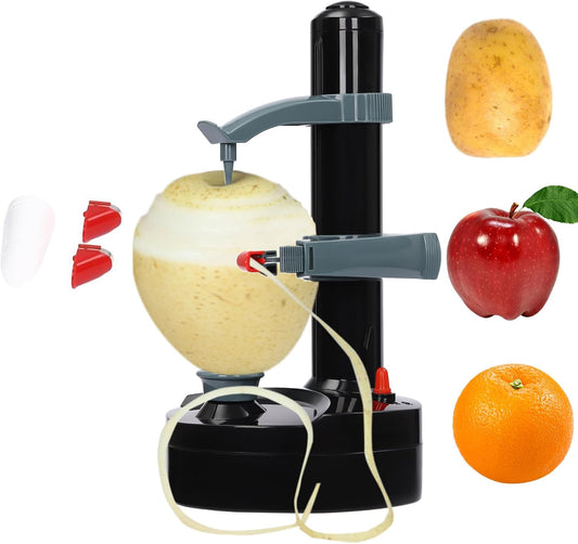 Electric Peeler Automatic Potato Apple Pear Peeler Smart Vegetable and Fruit Peeler Machine Stainless Steel Kitchen Peeling Tool Dual Power with 2 Replacement Blades and 1 Handy Thumb Knife
