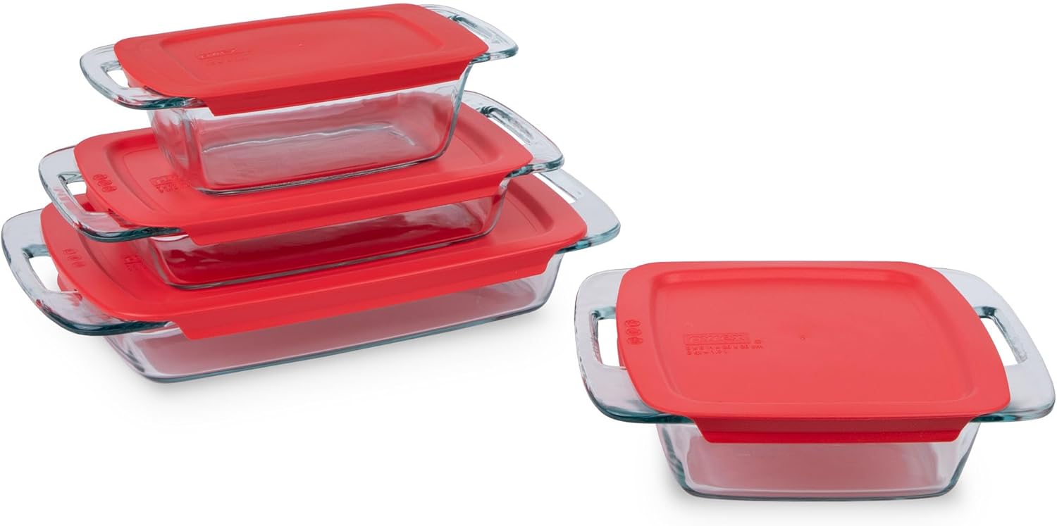 Pyrex Easy Grab 4-Pack Glass Baking Dish Set (1.5QT, 2QT, 3QT, 8"x8") with BPA-Free Lids, Rectangular Bakeware Set, Dishwasher, Microwave, Freezer & Pre-Heated Oven Safe